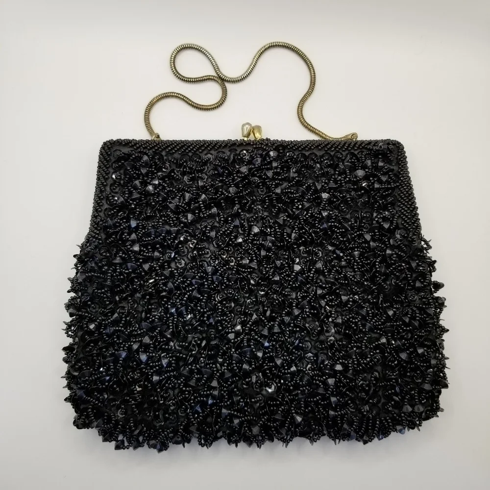 Heavily Beaded Handbag Clutch Black Rhinestone Kiss Lock Richere Bag Hong Kong